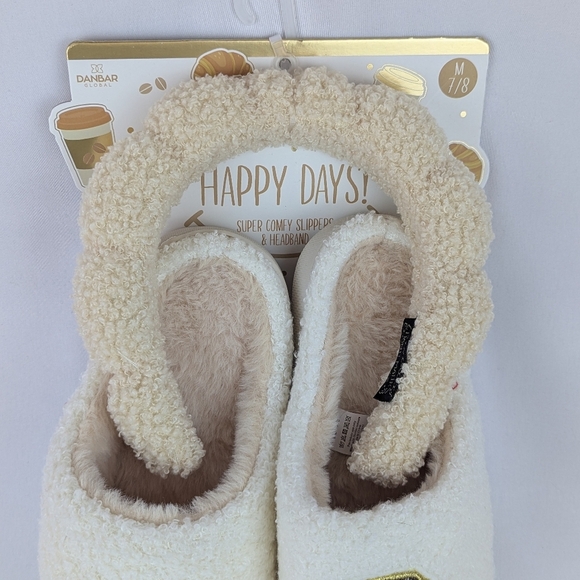 Slippers & Headband Coffee Croissant Sherpa Embroidery Sequins Ivory M (7/8) NWT - Picture 4 of 16